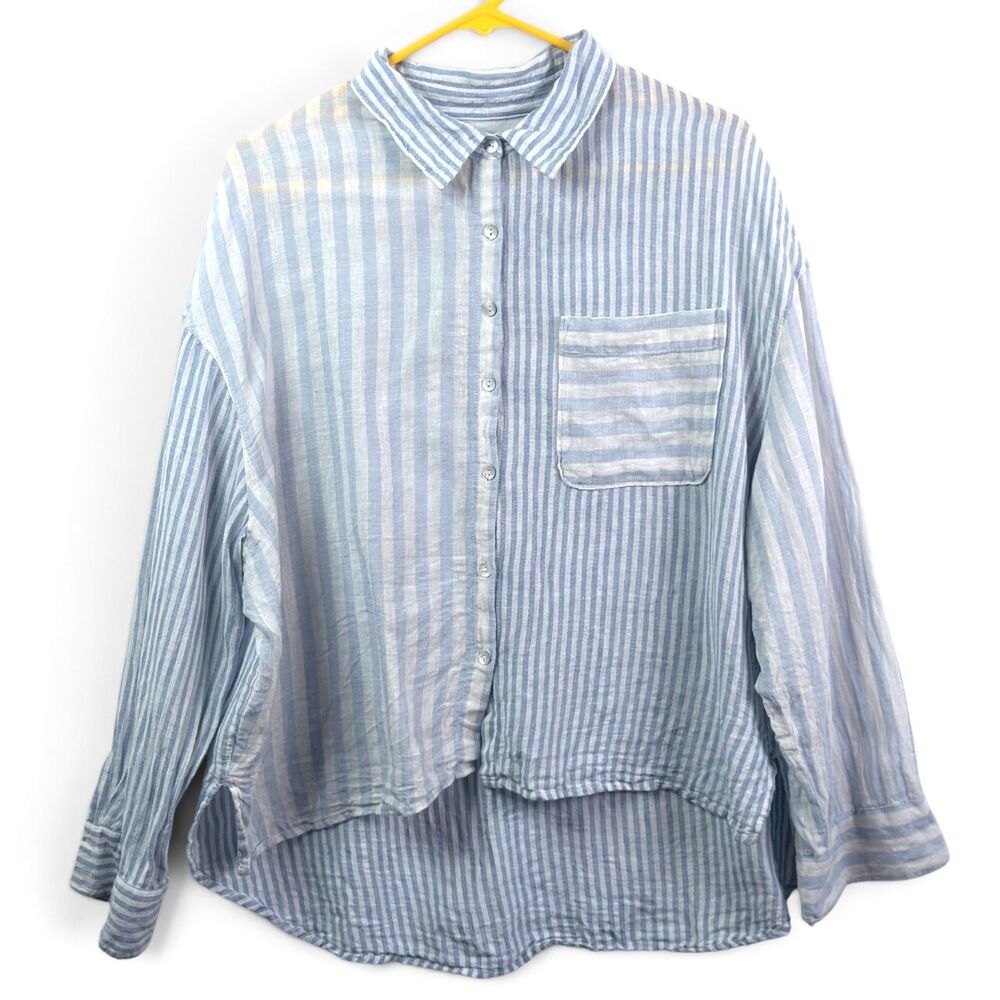 nicole miller linen striped button down shirt xl blue white high low nautical
